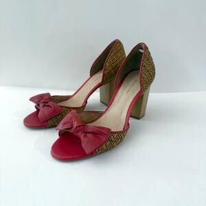 Chocolat Blu Heels Size 37 Red Leather Bow Peep Toe Wood Heel Wicker Brazil